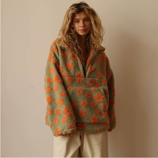 Winter Flowers Lambskin Sweatshirt With Big Pocket Casual Loose Zip-up Lapel Pullover Top Women's Clothing - Image 4