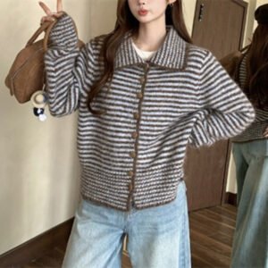 Gentle Simple Korean Style Polo Collar Stripes Long Sleeve Sweater