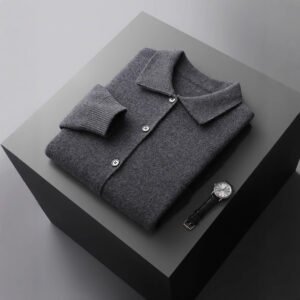 Polo Collar Solid Color Wool Cardigan Vintage Pocket Thick Men's Coat Cashmere Sweater