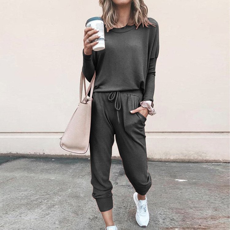 Women's Long Sleeve Suit Fashion Pullover Top And Pockets Drawstring Long Pants Solid Color Casual Sports Trouser Suit Clothing - Image 10