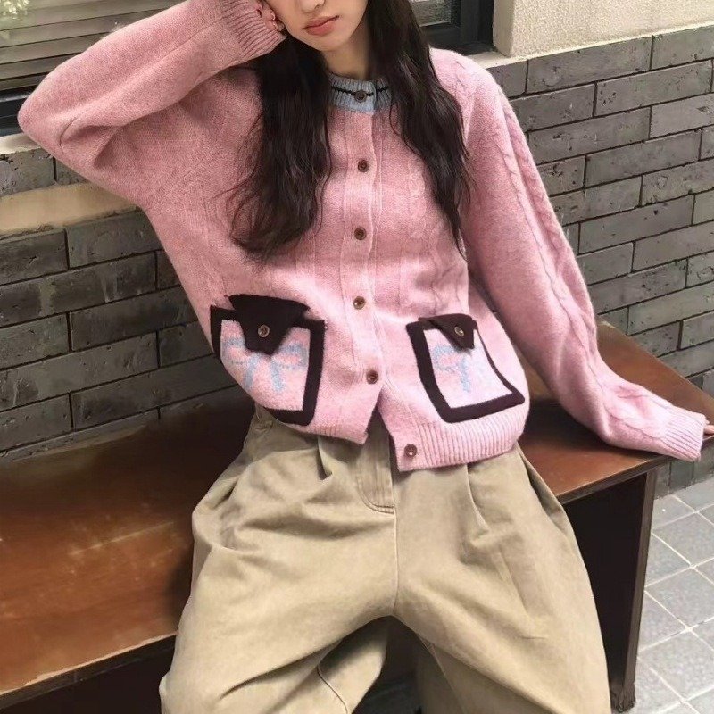 Contrast Color And Versatile Bow Pocket Sweater - Image 6