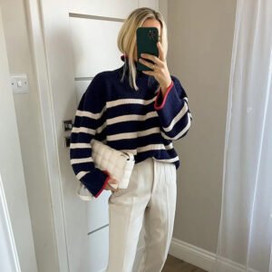 Women's High Neck Striped Contrast Sweater