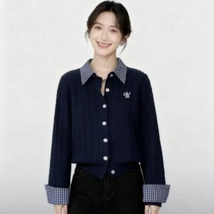 Plaid Stitching Lapel Long Sleeve Twist Knitted Sweater