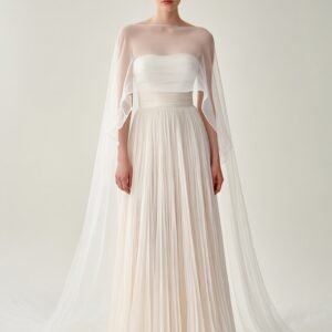 Elegant White Pleated Gown With Sheer Cape Overlay