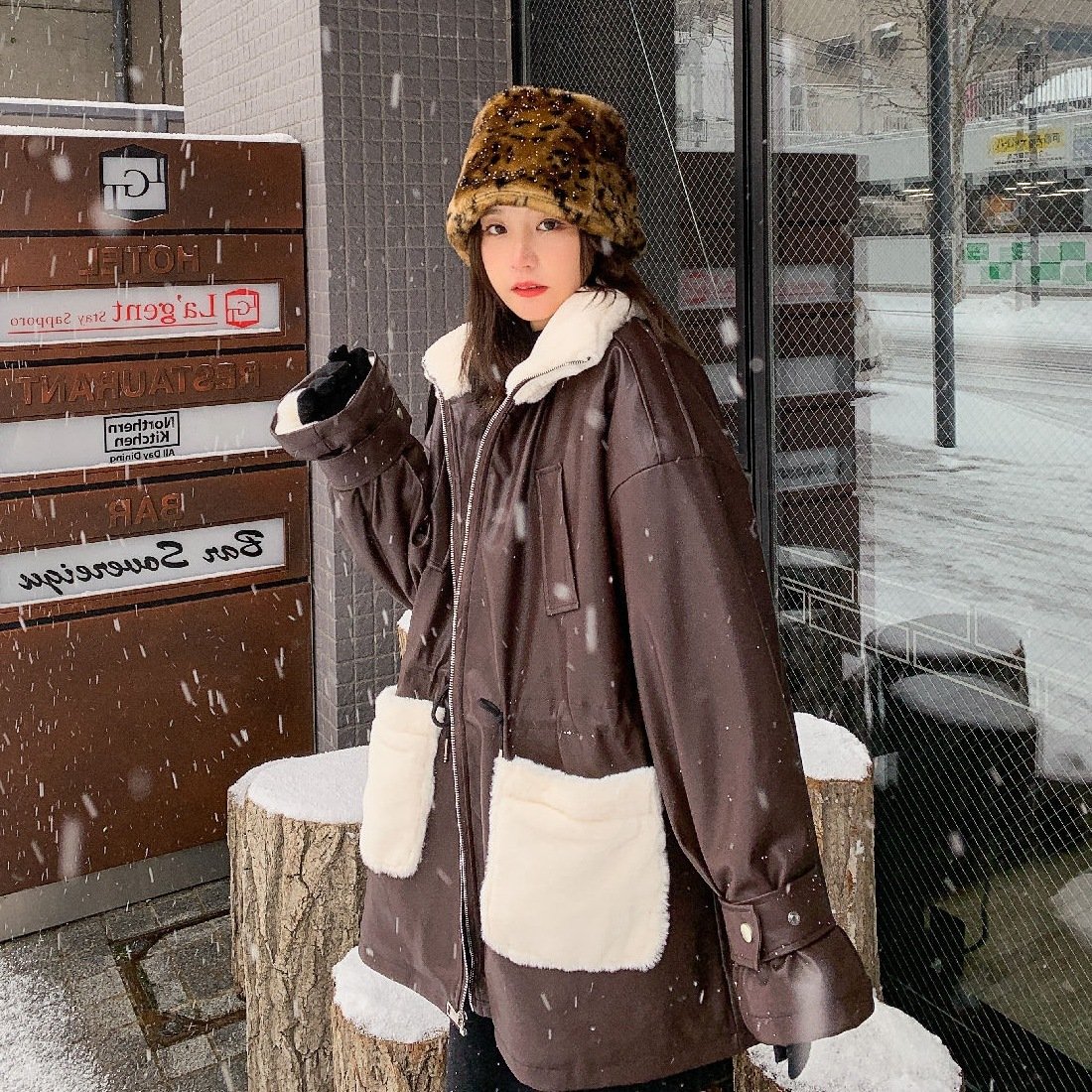 Women's Waist Thickening Lining Stitching Pu Leather Coat Jacket