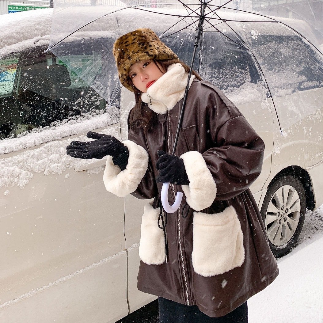 Women's Waist Thickening Lining Stitching Pu Leather Coat Jacket - Image 4