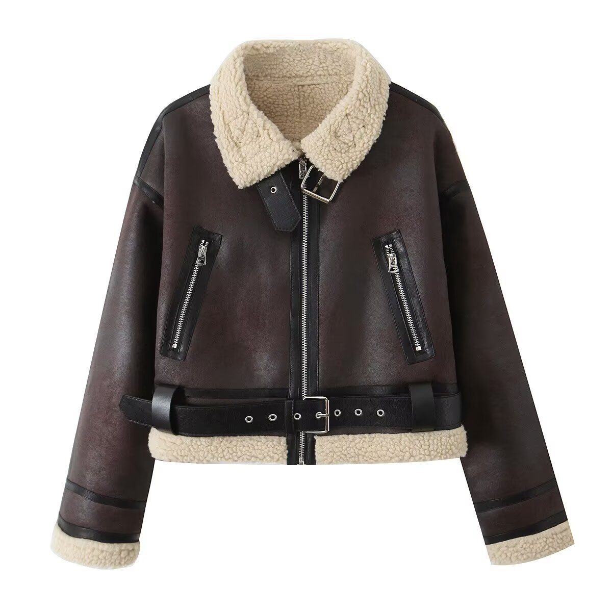 Wear Fur Integrated Lapel Thickening Warm Double-sided Casual Short Jacket Coat - Image 5