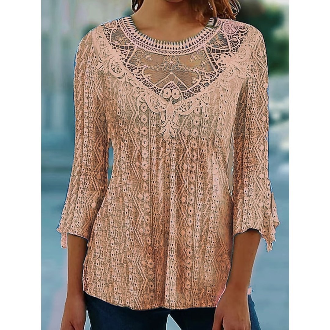2023 Summer New Comfortable Leisure Hollow Out Perspective Lace Splicing Seven Quarter Sleeve Top - Image 8