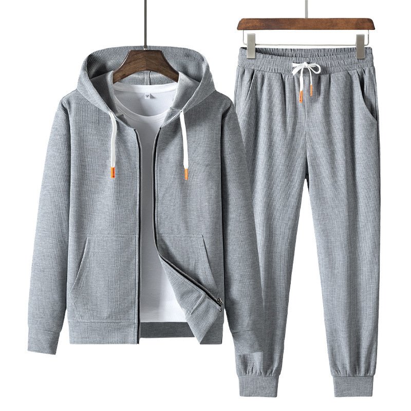 Men's Trendy Fashion Waffle Hooded Casual Sports Sweater Suit - Image 3
