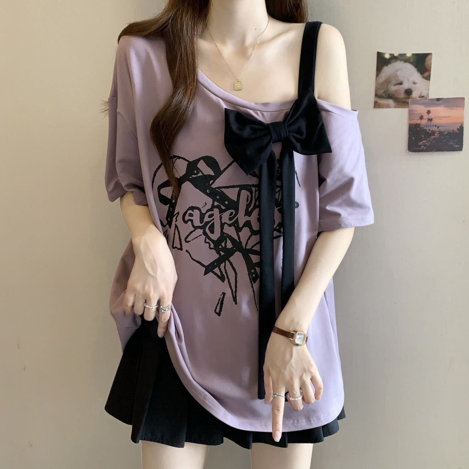 Large Size Three-dimensional Bow Off-the-shoulder Short Sleeve Summer New Loose - Image 2
