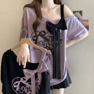 Large Size Three-dimensional Bow Off-the-shoulder Short Sleeve Summer New Loose