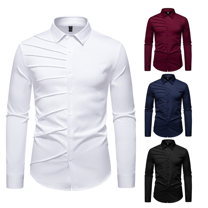 Men's Pleated Design Casual Long-sleeved Shirt - Image 4