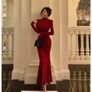 Women’s Turtleneck Knit Dress, French-style Elegant Slim Fitted Mermaid Long Skirt
