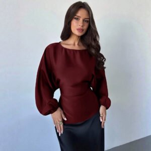 Casual Round Neck Lace-up Waist Shirt For Women