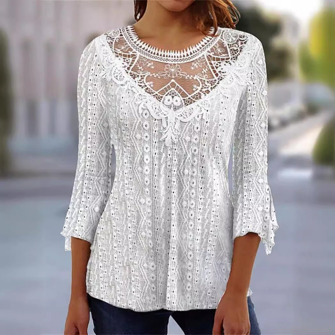 2023 Summer New Comfortable Leisure Hollow Out Perspective Lace Splicing Seven Quarter Sleeve Top - Image 10