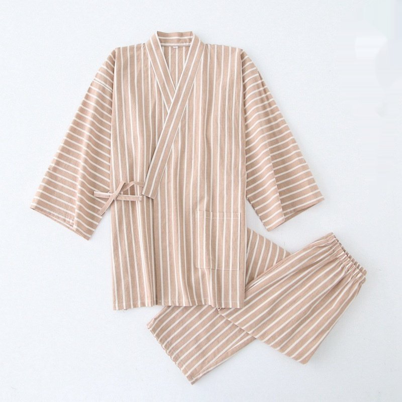 Cotton Washed Pajamas Suit Thin Striped Men's And Women's Japanese Couple Kimono Trousers Homewear Suit - Image 4
