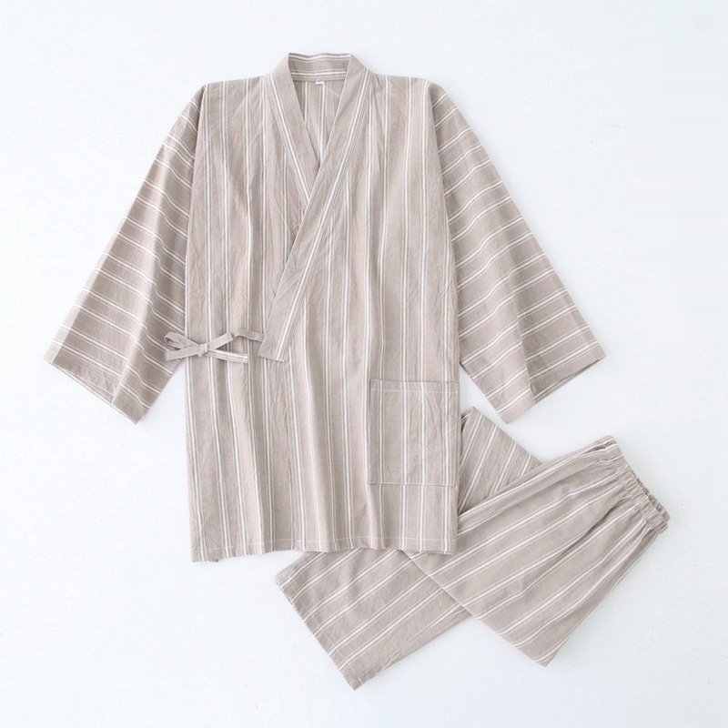 Cotton Washed Pajamas Suit Thin Striped Men's And Women's Japanese Couple Kimono Trousers Homewear Suit - Image 6