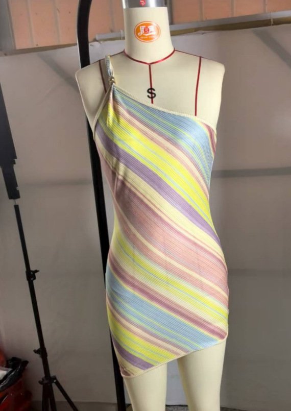 Backless Oblique Shoulder Strap Color Stripes Stitching Dress - Image 7