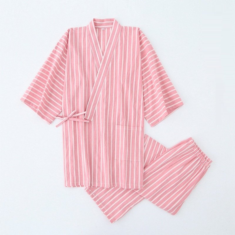 Cotton Washed Pajamas Suit Thin Striped Men's And Women's Japanese Couple Kimono Trousers Homewear Suit - Image 3