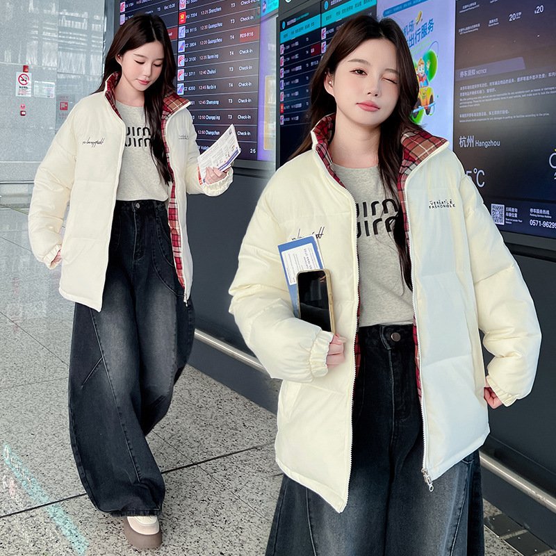 Cotton-padded Coat Stand Collar Plaid Stitching Thickened Coat - Image 2