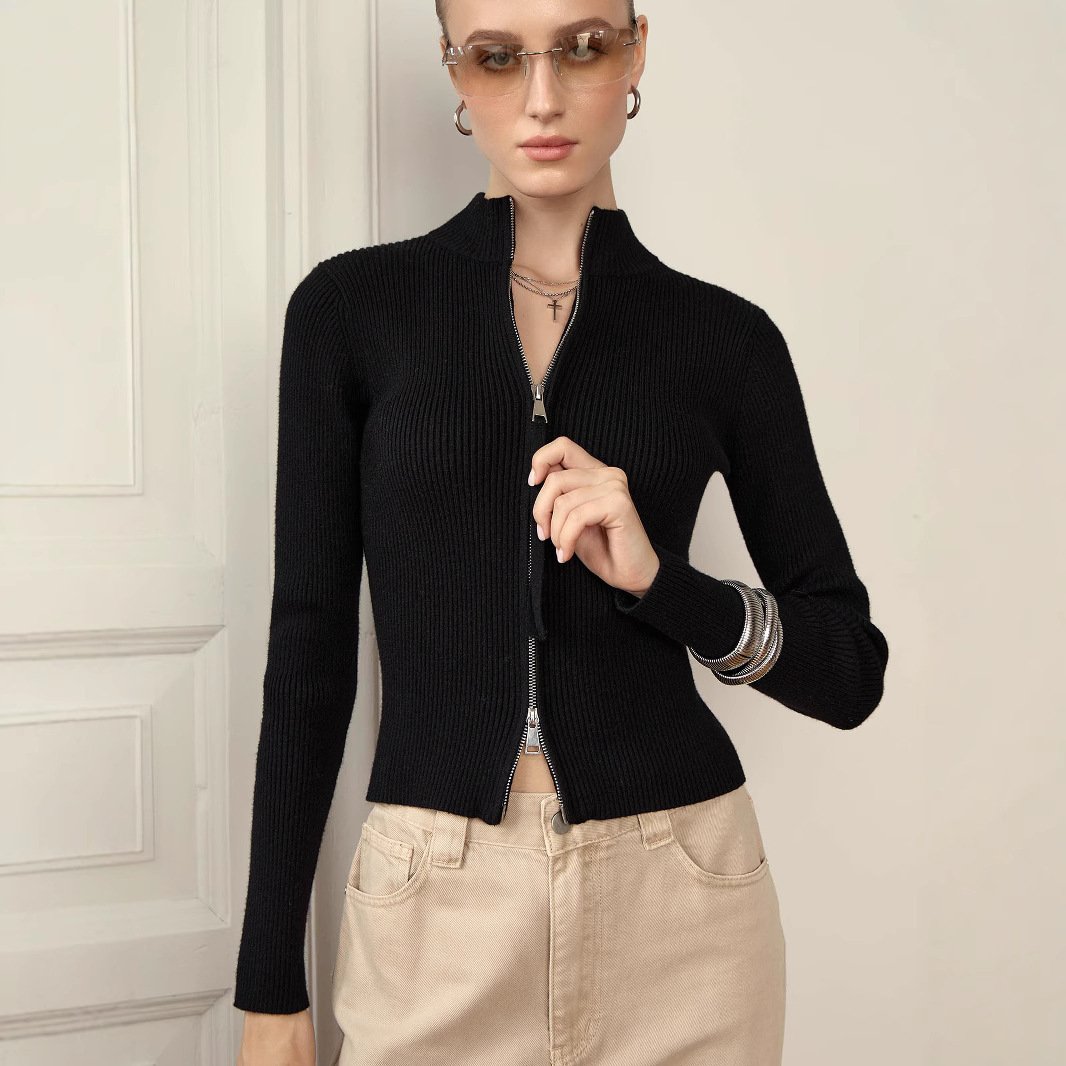 Zipper Slim Fit Top Stand Collar High Waist Trendy Long-sleeve Sweater Bottoming - Image 2