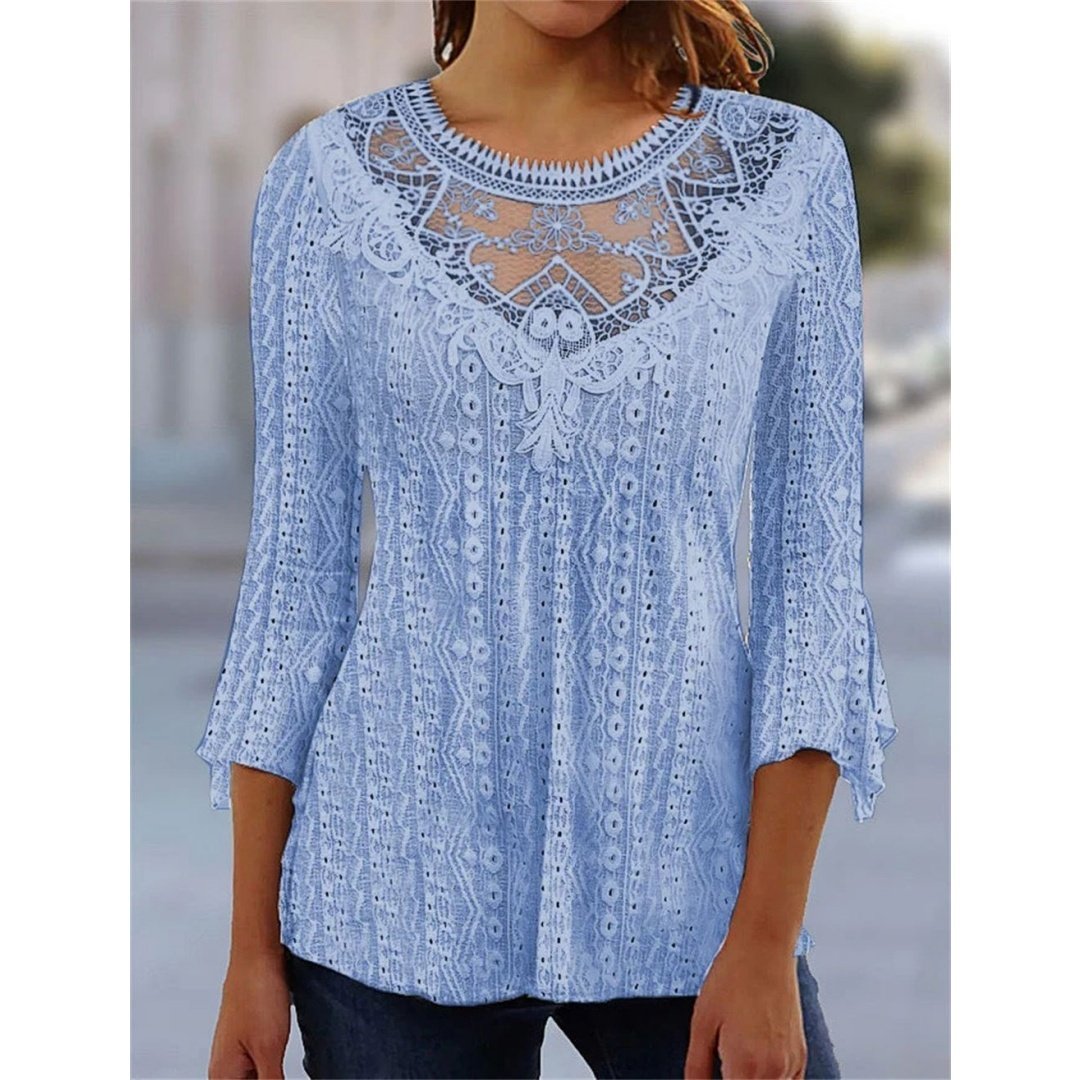 2023 Summer New Comfortable Leisure Hollow Out Perspective Lace Splicing Seven Quarter Sleeve Top - Image 3