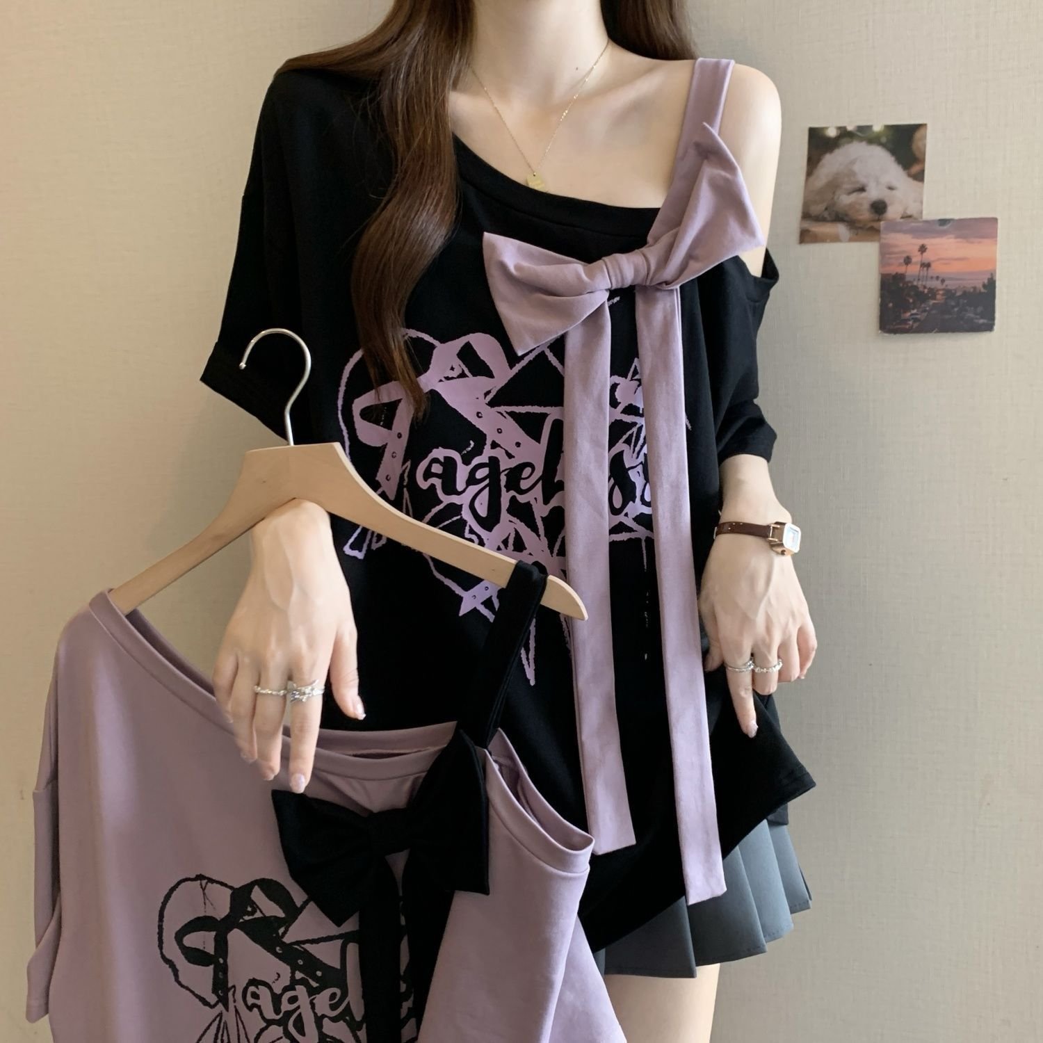 Large Size Three-dimensional Bow Off-the-shoulder Short Sleeve Summer New Loose - Image 4