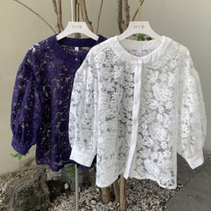 Lantern Sleeve Round Neck Lace Blouse