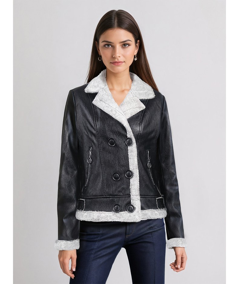Fleece Padded Women's Leather Coat - Image 7