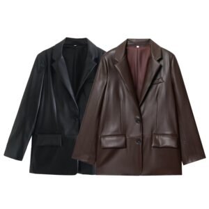 Simple Straight Leather Effect Blazer For Women