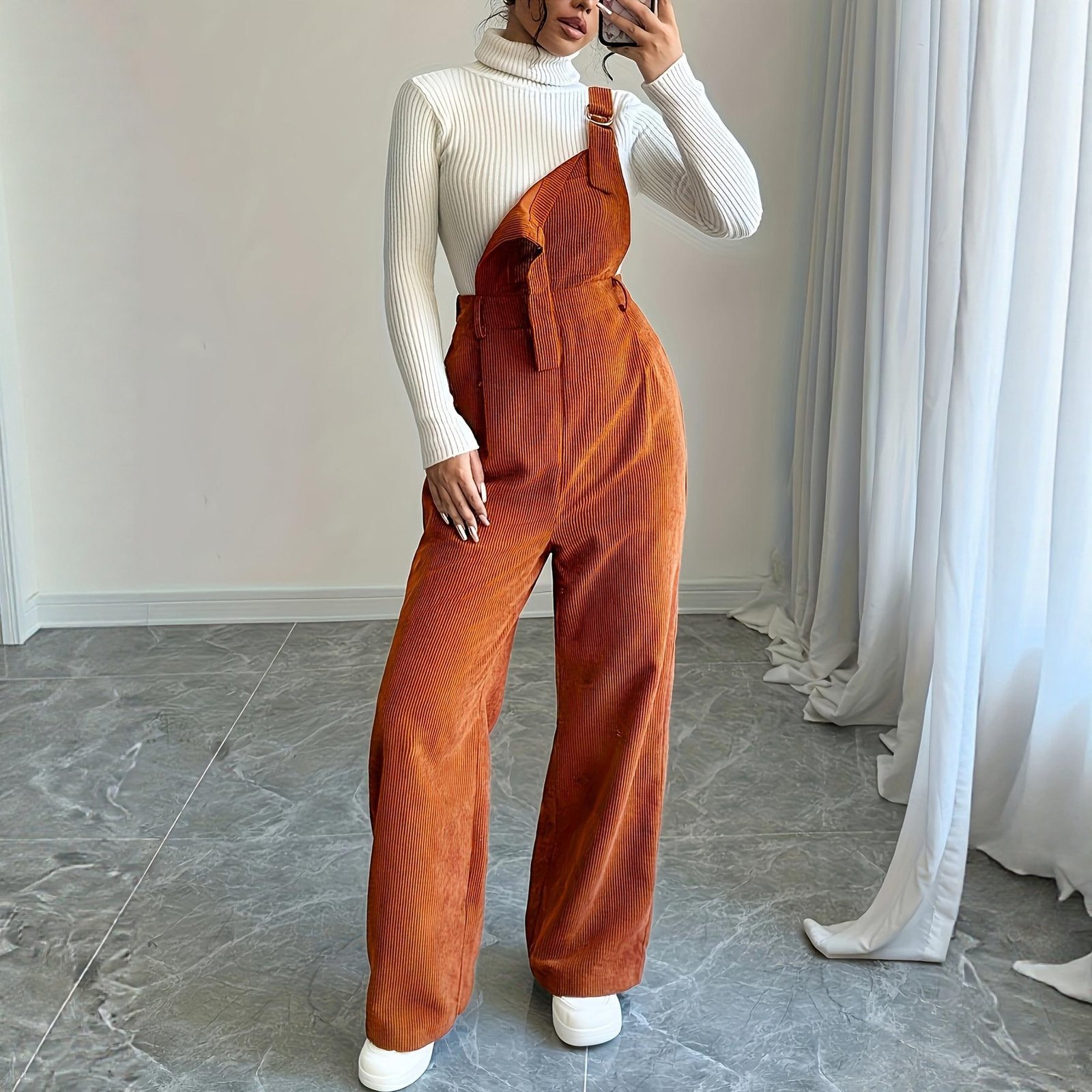 Corduroy Loose Straight Bib Pants Women - Image 4