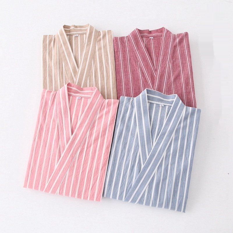 Cotton Washed Pajamas Suit Thin Striped Men's And Women's Japanese Couple Kimono Trousers Homewear Suit - Image 2