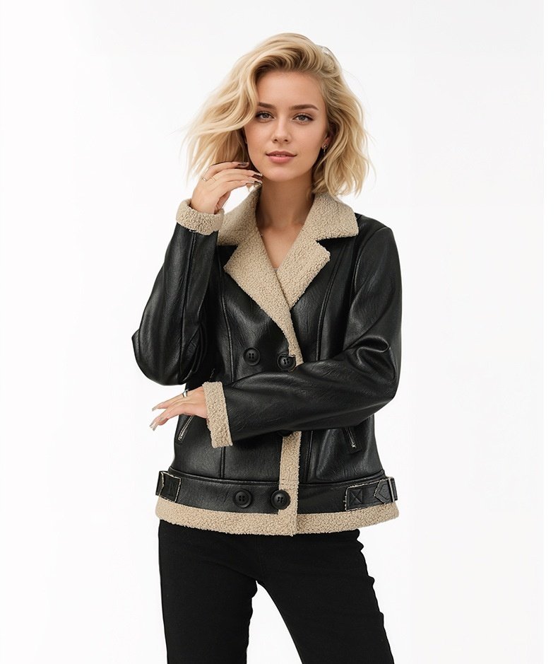 Fleece Padded Women's Leather Coat - Image 8