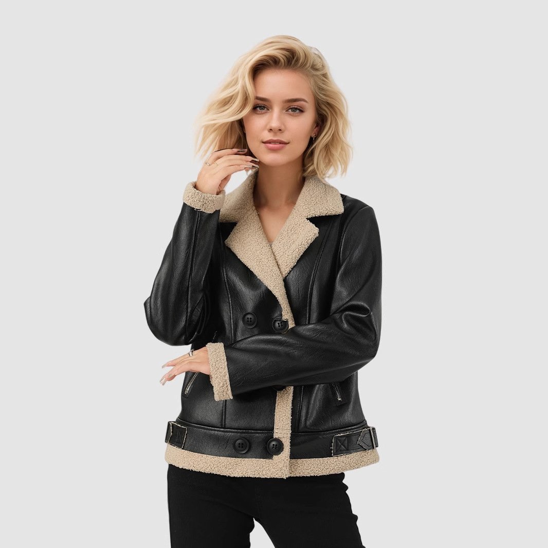 Fleece Padded Women's Leather Coat - Image 2