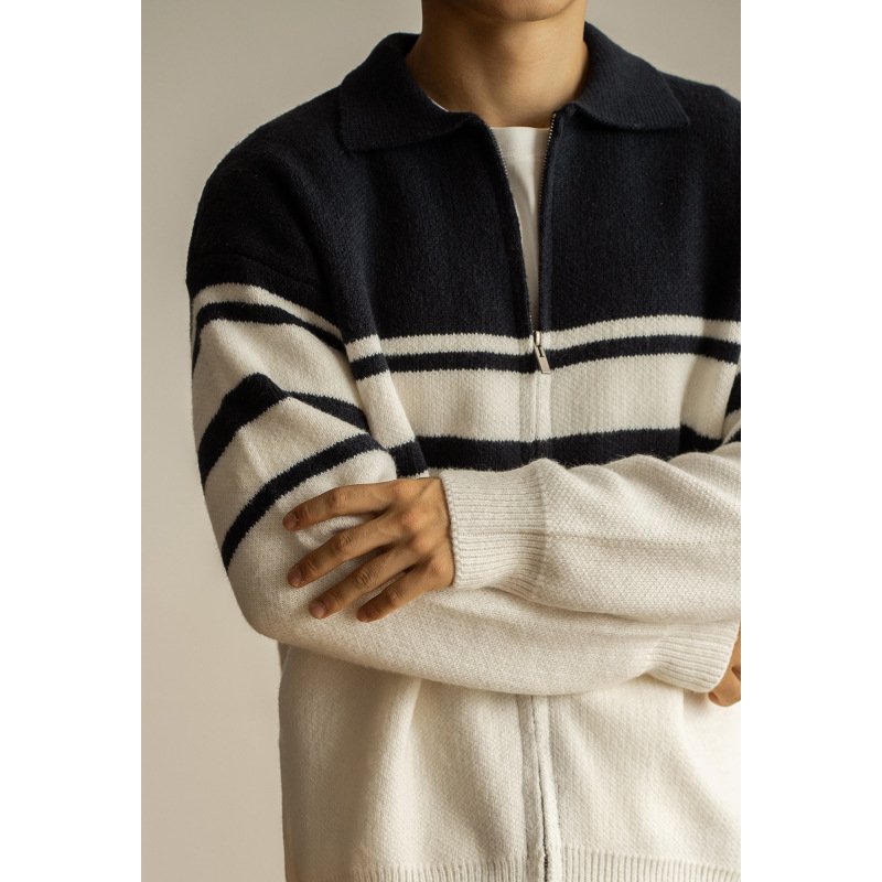 Young Contrast Color Striped Lapel Sweater Men's Casual Zipper - Image 6