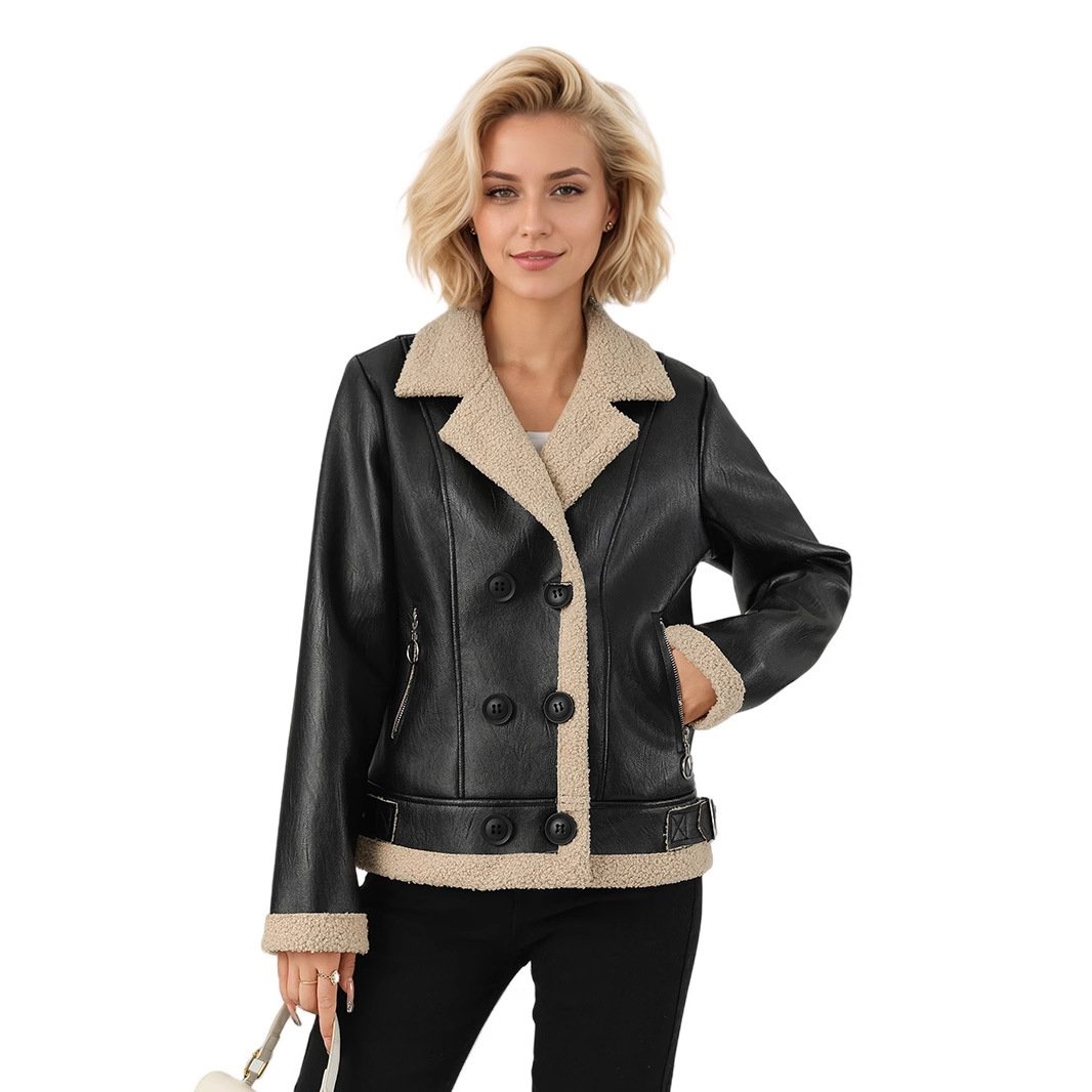 Fleece Padded Women's Leather Coat - Image 5
