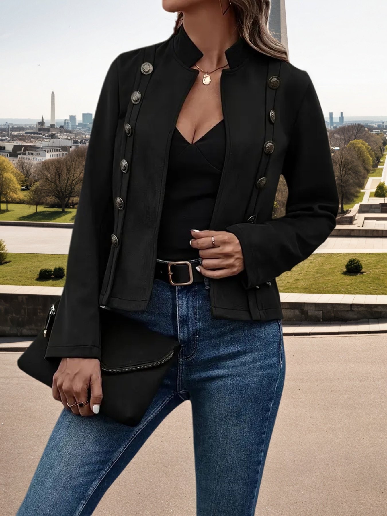 2025 New Women's Fashion Casual Women's Jacket, Solid Color Double Breasted Decorative Jacket, Spring And Autumn Retro Long Sleeve Jacket, Women's Clothing - Image 4