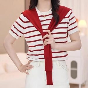 Women's Shawl Contrast Color Striped Short Sleeve Knitted