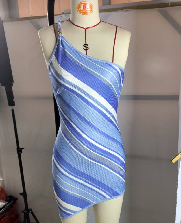 Backless Oblique Shoulder Strap Color Stripes Stitching Dress - Image 6
