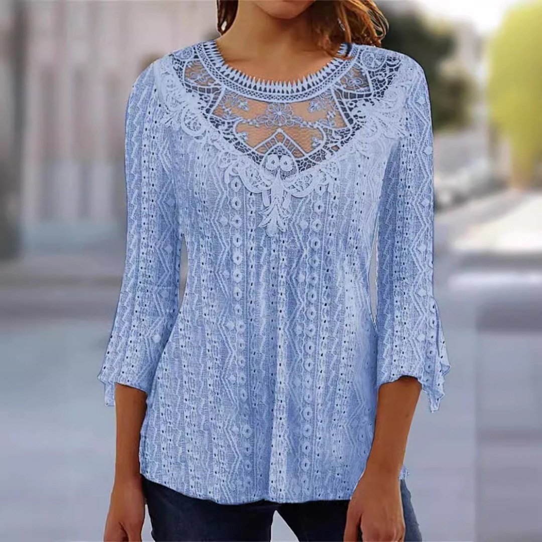 2023 Summer New Comfortable Leisure Hollow Out Perspective Lace Splicing Seven Quarter Sleeve Top - Image 6