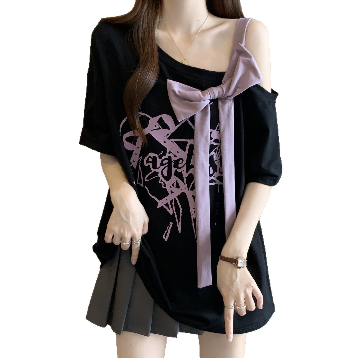 Large Size Three-dimensional Bow Off-the-shoulder Short Sleeve Summer New Loose - Image 5