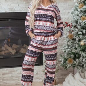 Black Retro Christmas Pattern Loose Pullover 2pcs Lounge Pant Set