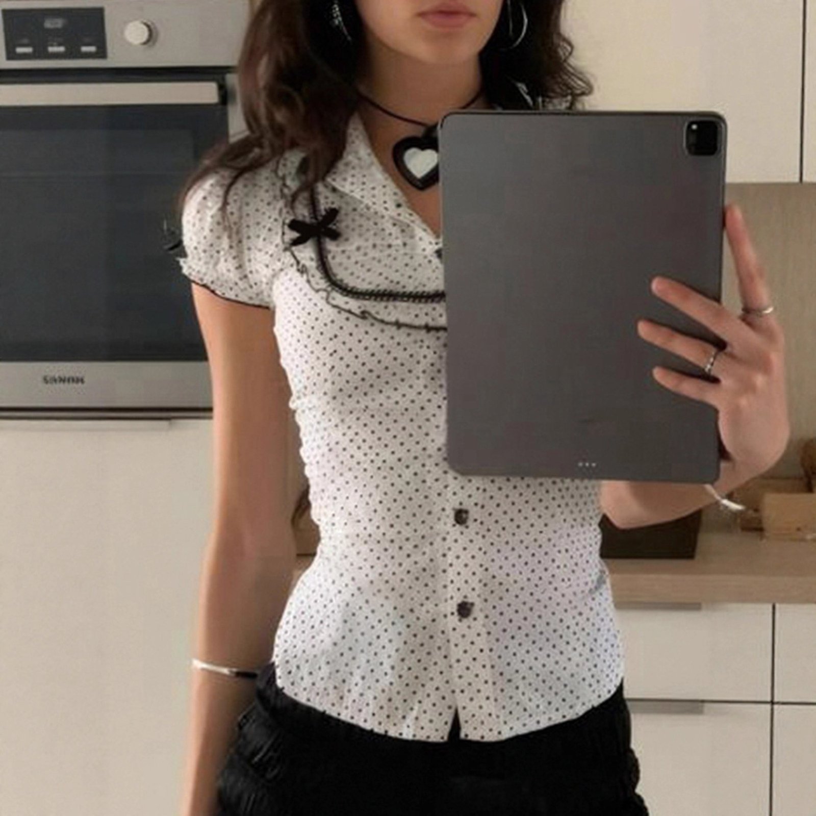 French Girl Bow Stitching Polka Dot Shirt - Image 4