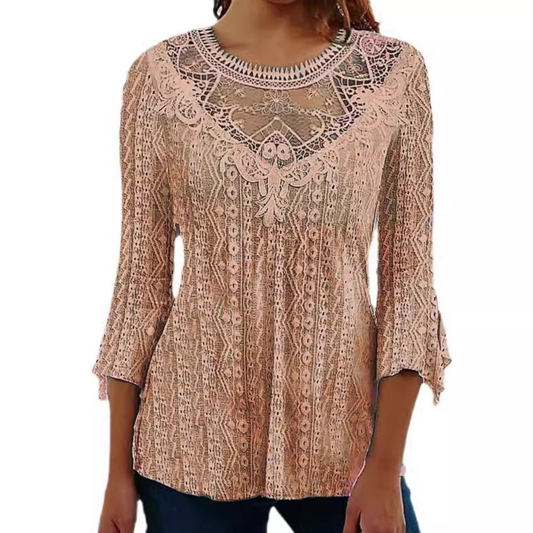 2023 Summer New Comfortable Leisure Hollow Out Perspective Lace Splicing Seven Quarter Sleeve Top - Image 5