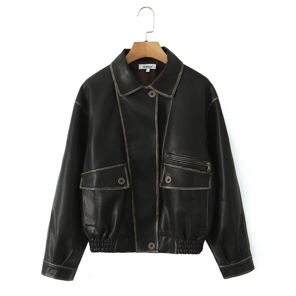 American Retro Asymmetric Colored Leather Distressed Casual Polo Collar Short PU Leather Jacket - Image 4