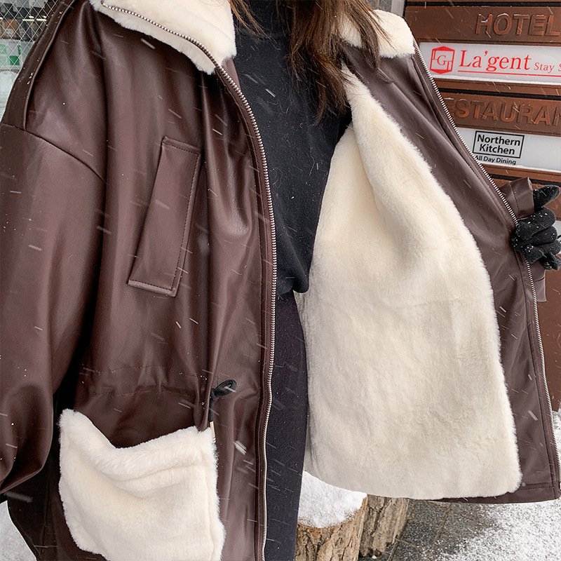 Women's Waist Thickening Lining Stitching Pu Leather Coat Jacket - Image 2