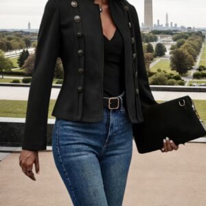 2025 New Women's Fashion Casual Women's Jacket, Solid Color Double Breasted Decorative Jacket, Spring And Autumn Retro Long Sleeve Jacket, Women's Clothing