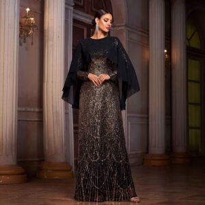 Elegant Long Sleeve Round Neck Shawl Banquet Sequined A- Line Evening Dress
