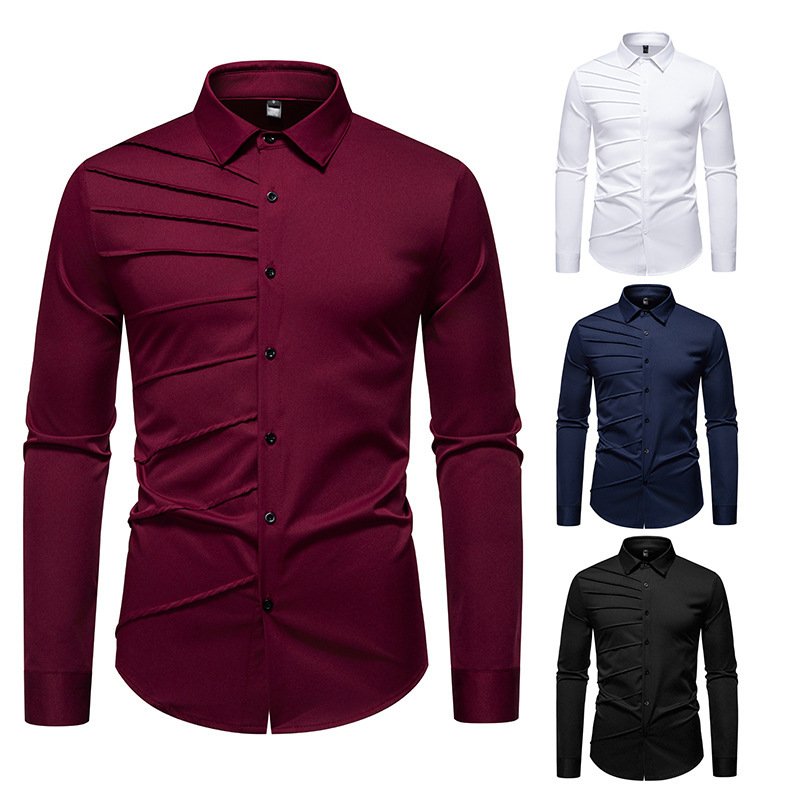 Men's Pleated Design Casual Long-sleeved Shirt - Image 2