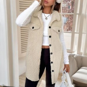 Women's Wool-Like Sleeveless Vest With Lapel, Solid Color Mid-Length Button Up Waistcoat For Layering, Casual & Formal Outfits